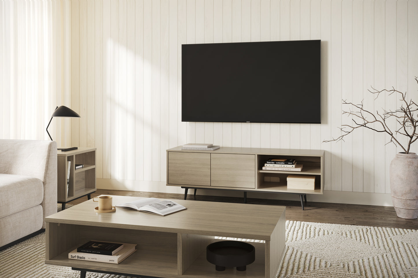 Meuble TV 2 portes Arum avec rangement ouvert Orme doux