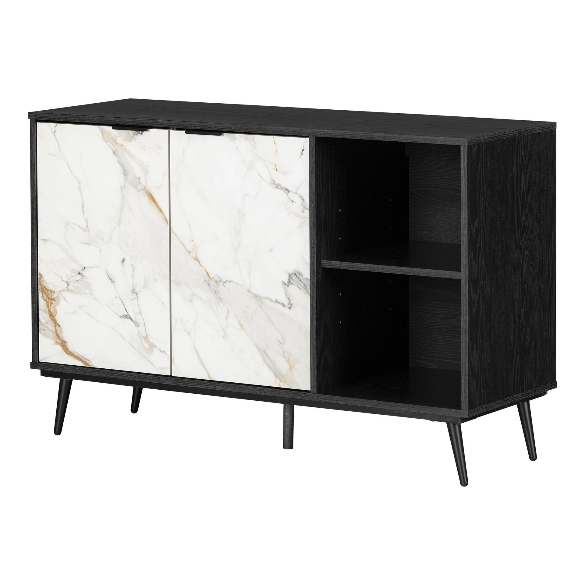 Buffet Noir Style Japonais 2 Portes - Bois Laqué, étagère Intérieure, 90x50x100cm