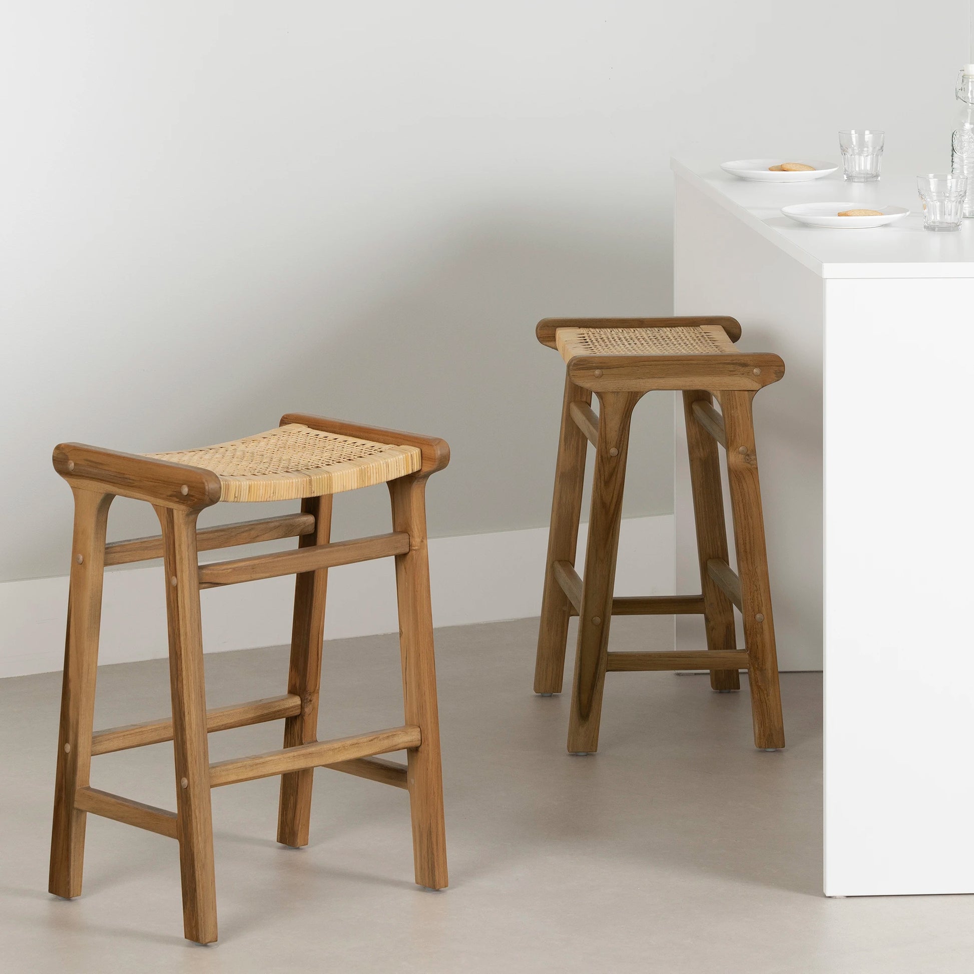 Rattan and Teak Stool, Set of Balka South Shore Furniture